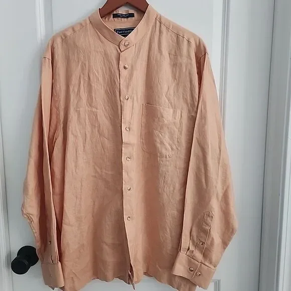 Paul Frederick Mens 100% Linen Shirt Mens Size XL Orange Collarless Long Sleeve - Picture 2 of 7